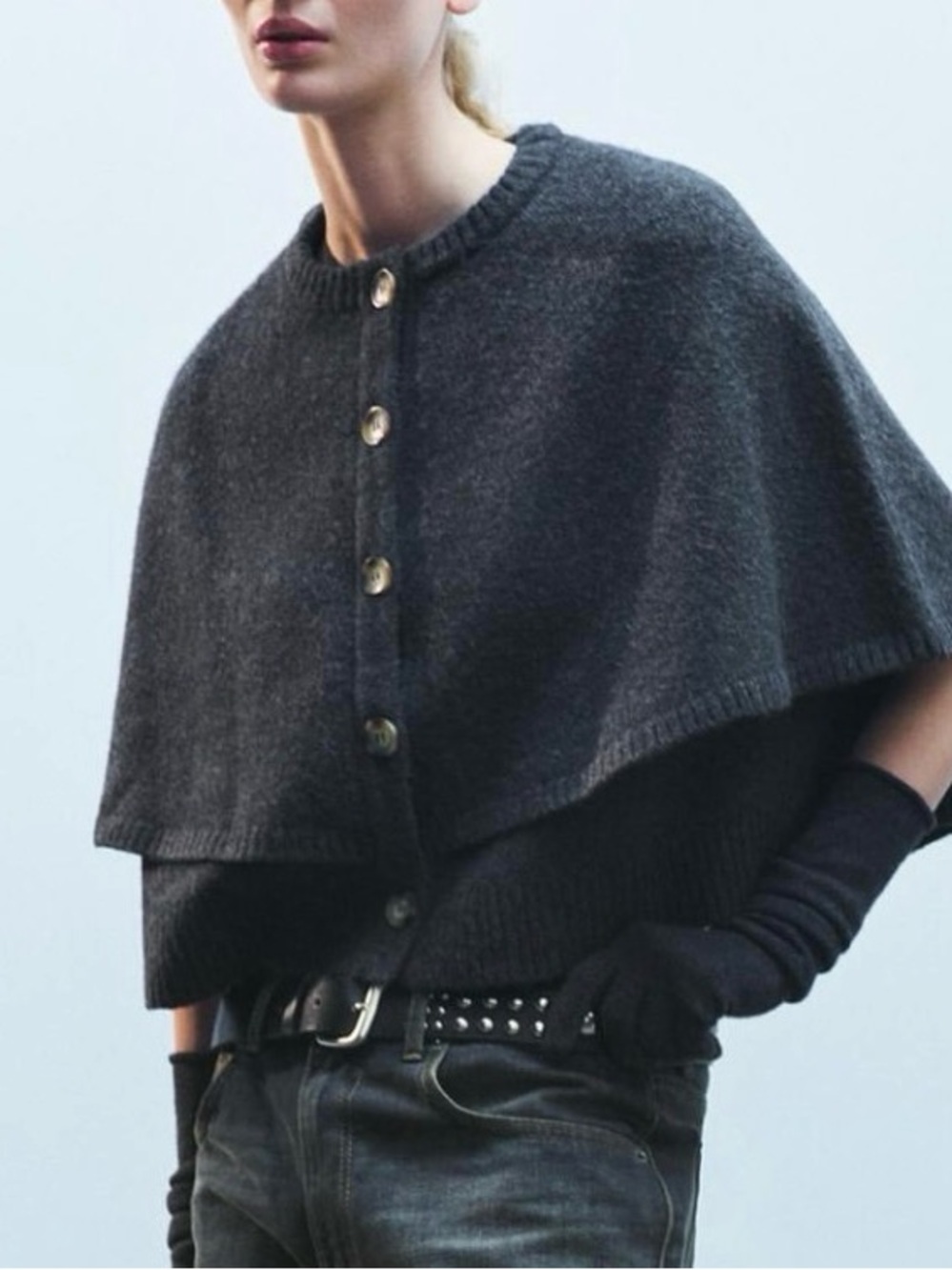 Zara Knit Cape Cardigan NWT Charcoal-Gray Button-Front Fall Winter Cozy L
